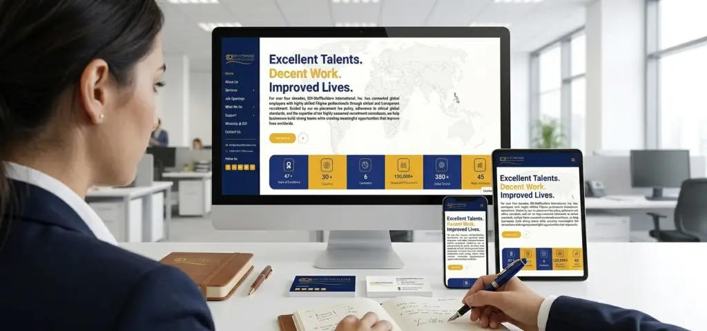 A user interacts with a responsive website shown on a desktop monitor, tablet, and smartphone, while writing notes in an office.